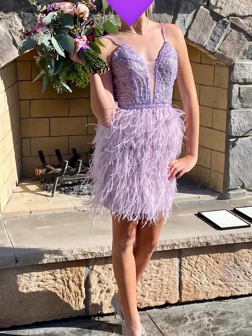 Portia and Scarlett Lilac Beaded Feather-Trim Mini Dress